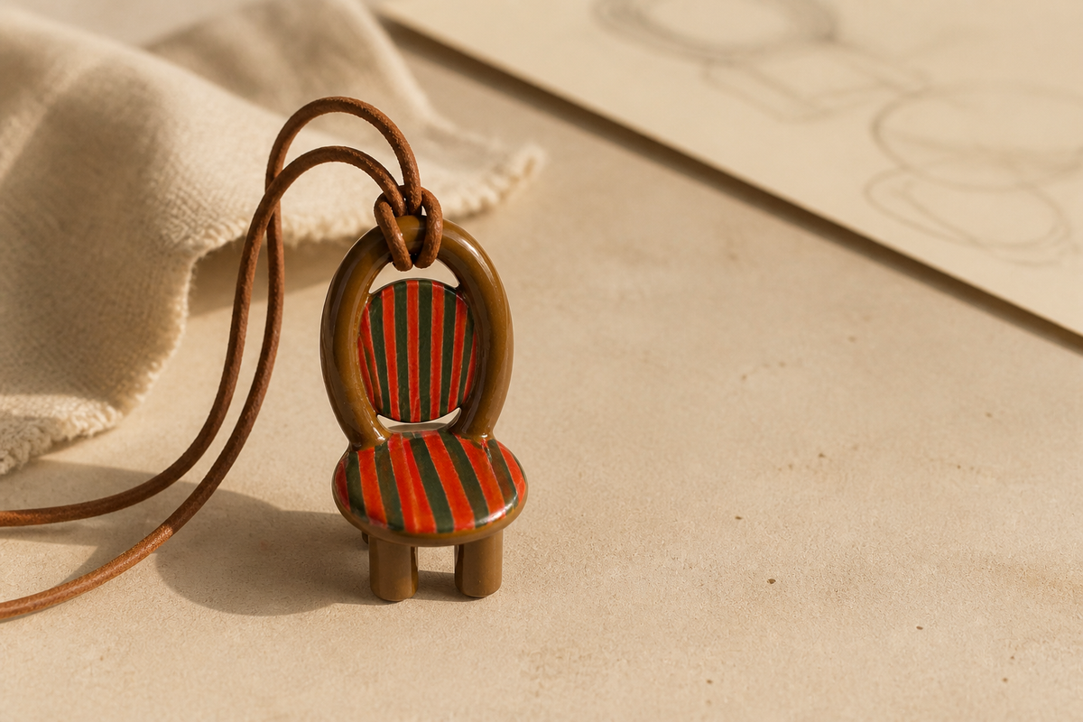 Autumn Sun ceramic chair necklace in a warm neutral tabletop setting