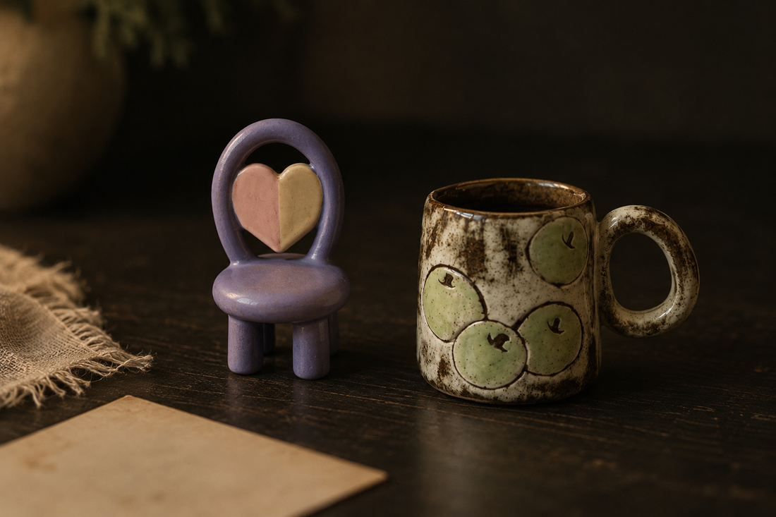 Painted Heart ceramic chair and Apple ceramic cup without cords in a low-light editorial still life