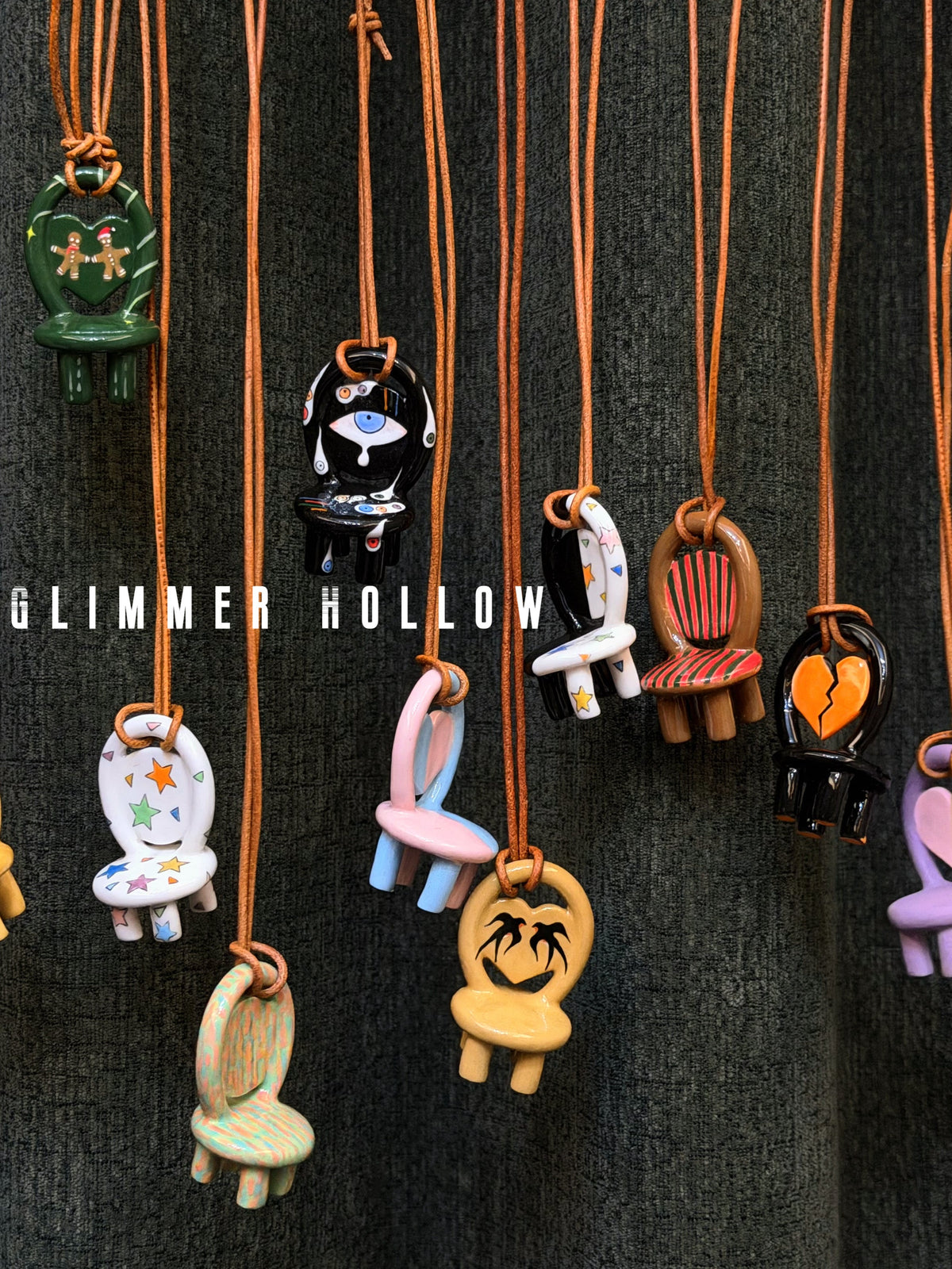 Handmade ceramic chair necklaces by Glimmer Hollow