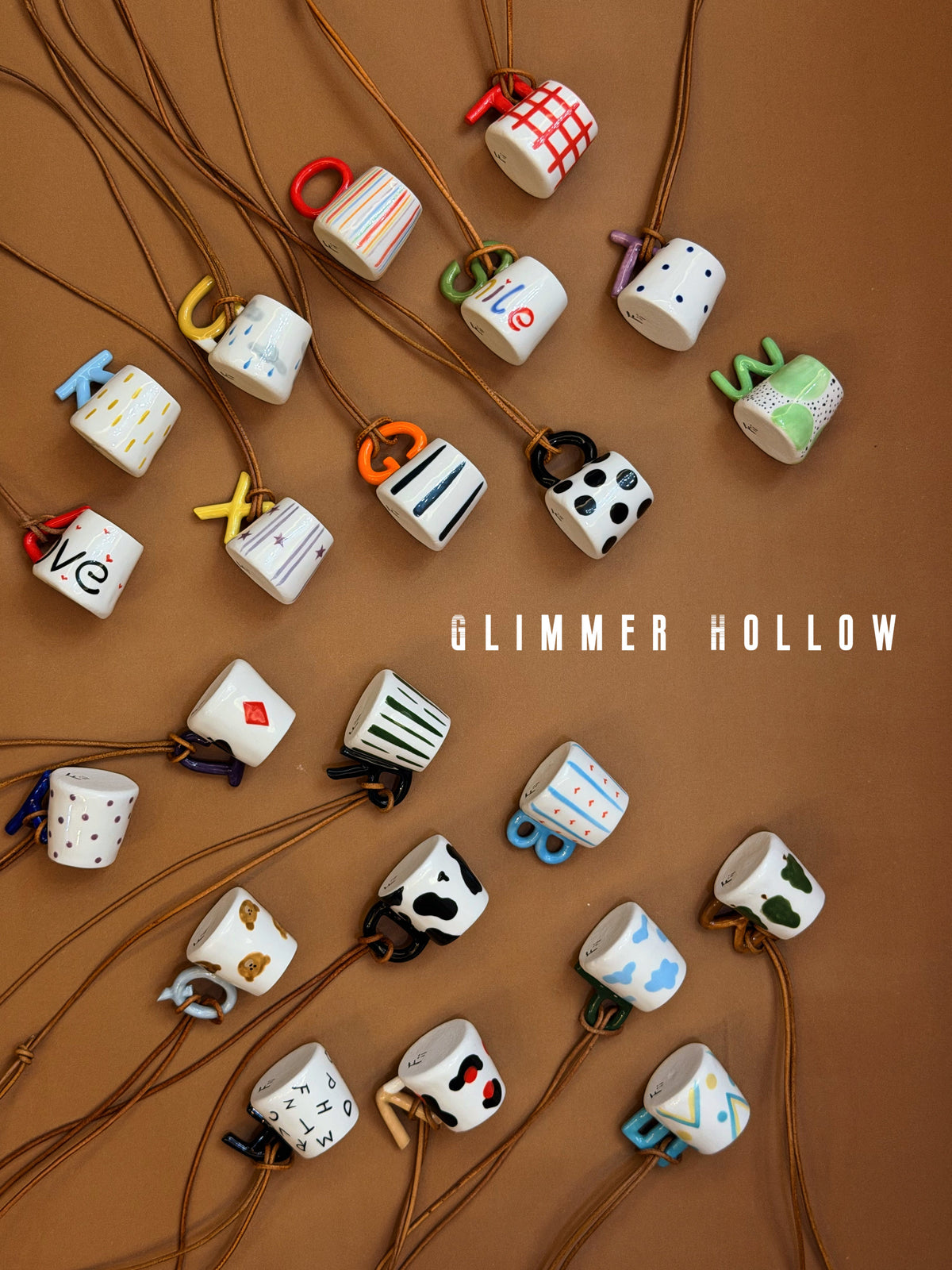 Handmade ceramic cup necklaces by Glimmer Hollow
