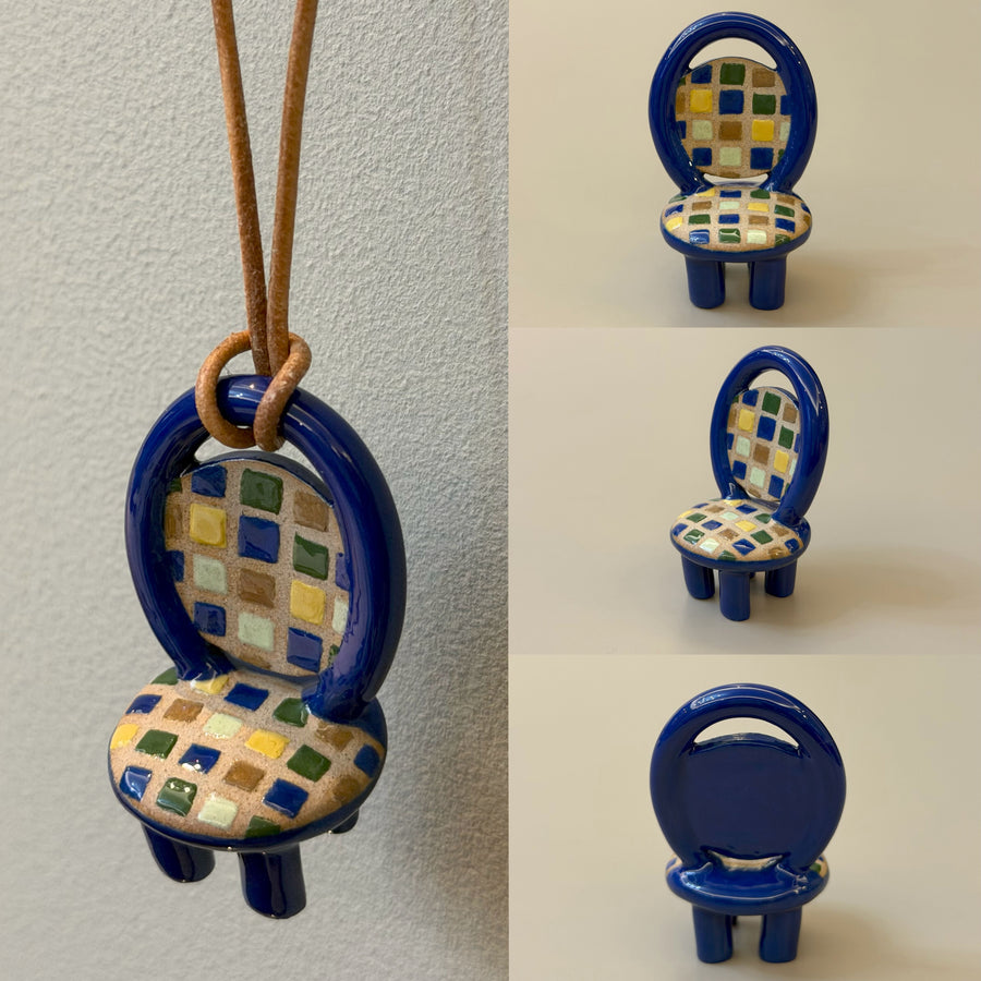 Patch cobalt-blue ceramic chair necklace with multicolor tile panels – front view