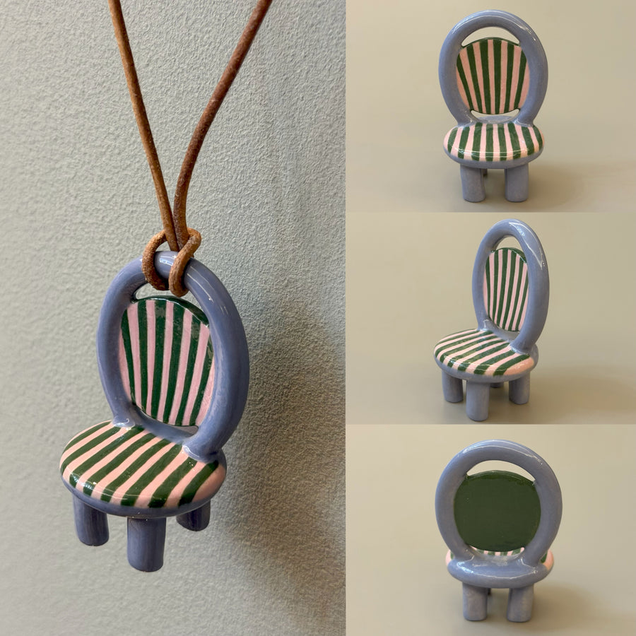 Stripes lavender ceramic chair necklace with pink and dark green lines