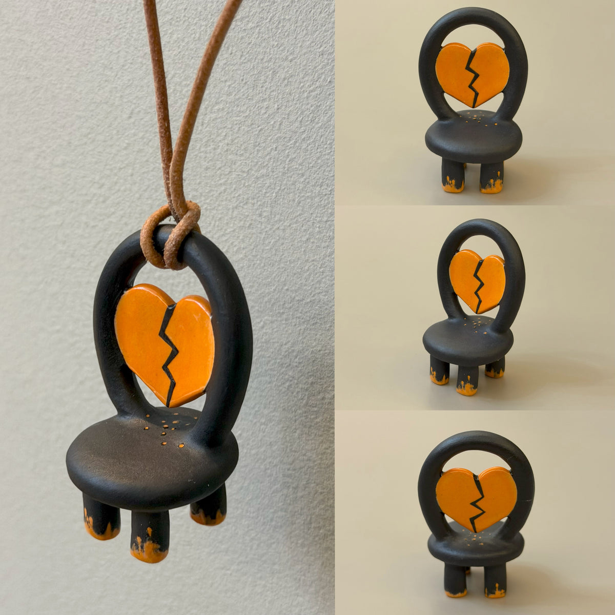 Sadness ceramic chair necklace with orange broken heart – alternate finish