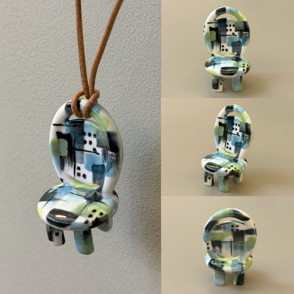 Artist ceramic chair necklace with abstract black, blue, and lime-green pattern
