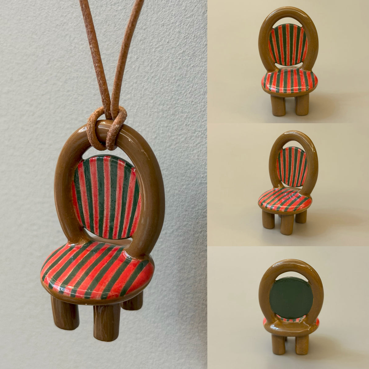 Autumn Sun ceramic chair necklace with brown glaze and red and dark green stripes