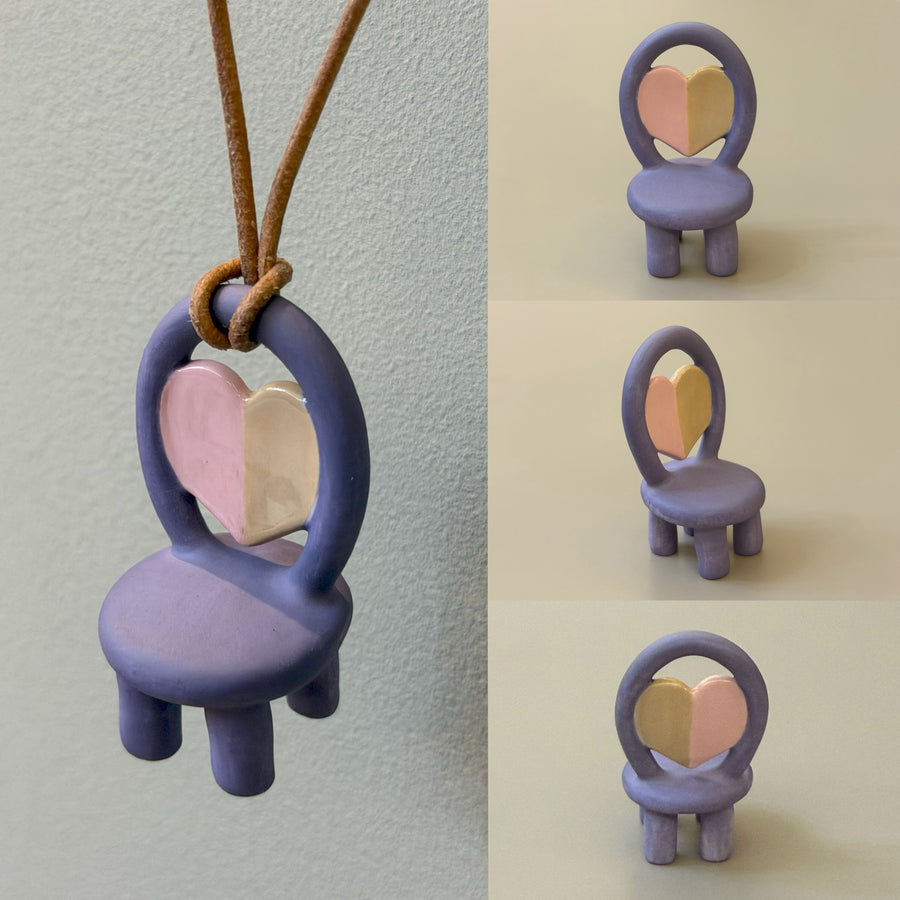 Painted Heart lavender ceramic chair necklace with pink and warm-toned heart panel