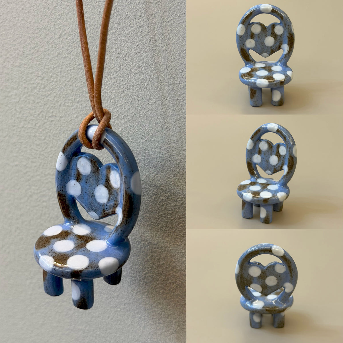 Polka Dots blue-brown ceramic chair necklace with white dots