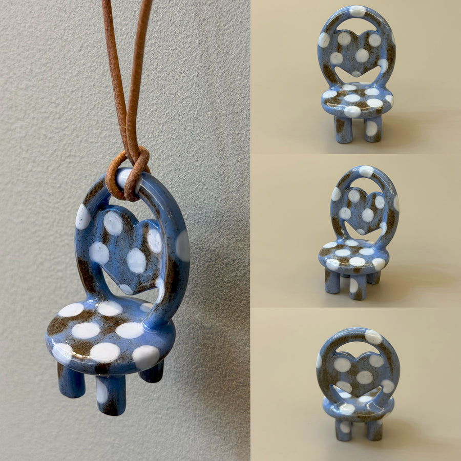 Polka Dots blue-brown ceramic chair necklace with white dots