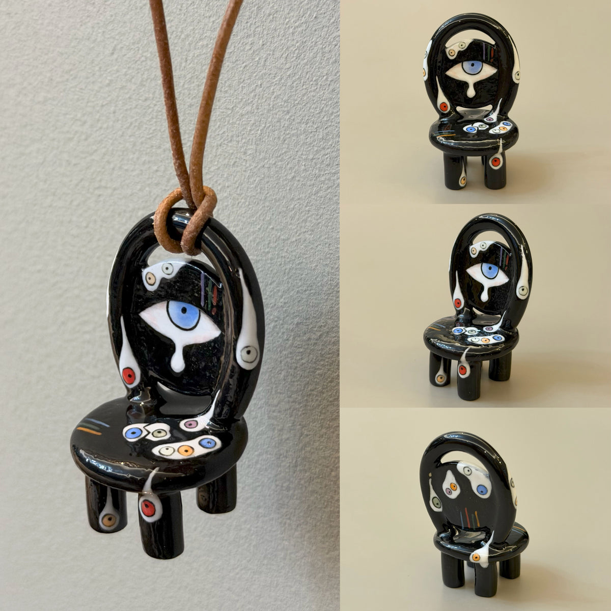 Nightmare black ceramic chair necklace with blue eye and white tear motif