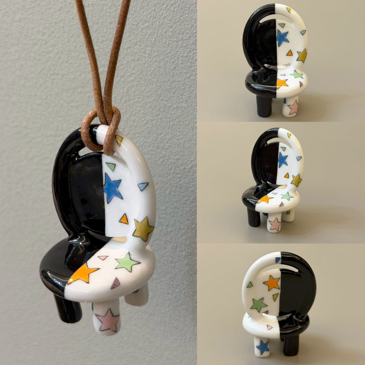 Starry Night ceramic chair necklace with split glaze and star motifs – alternate view