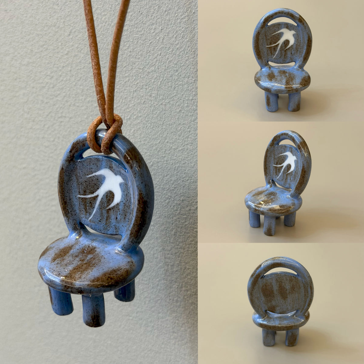 Patina Charm blue-brown ceramic chair necklace with white swallow motif