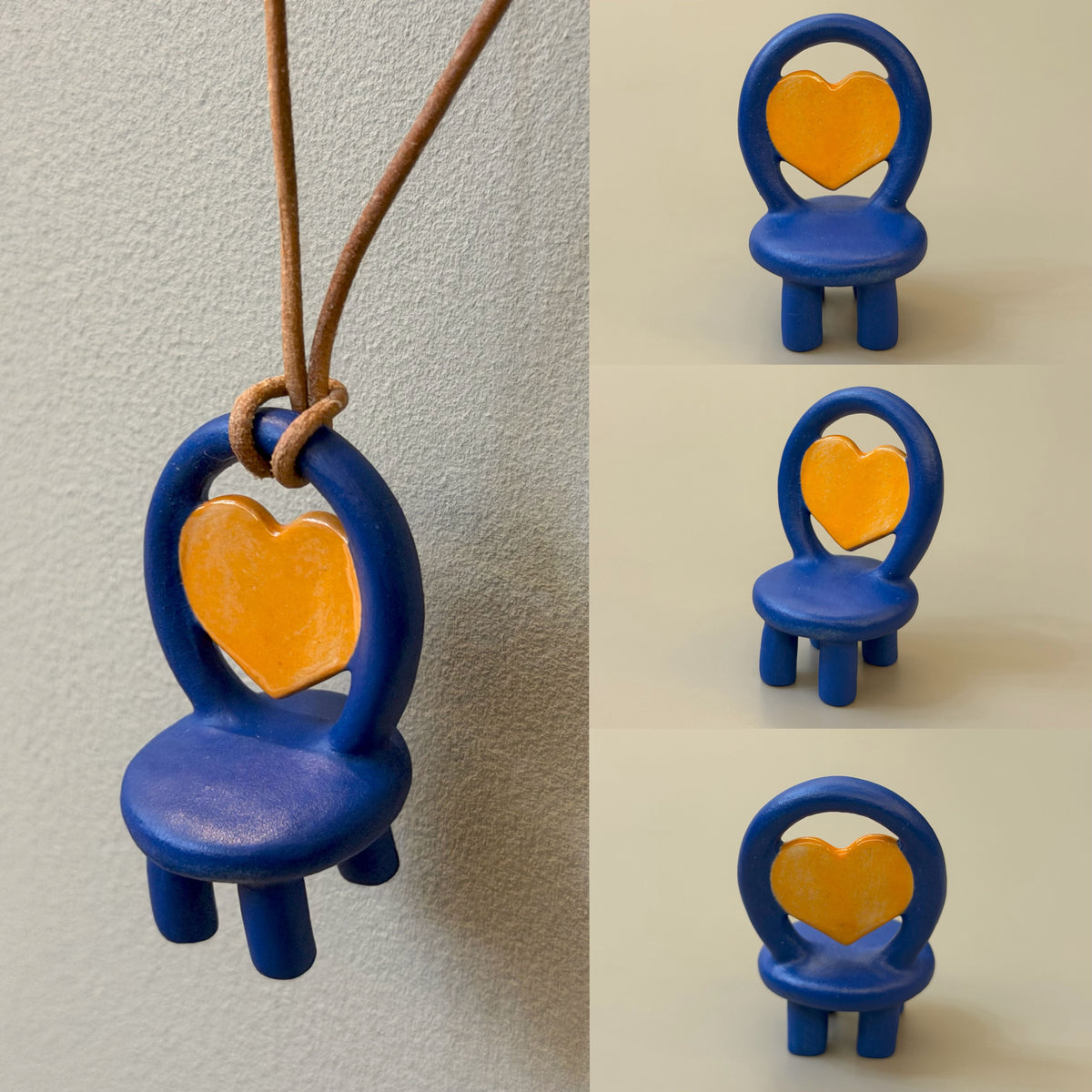 Heartfire and Sea blue ceramic chair necklace with orange heart – front view