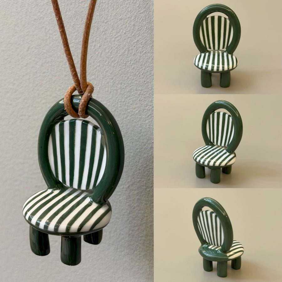 Jade Dream green ceramic chair necklace with striped panels – front view