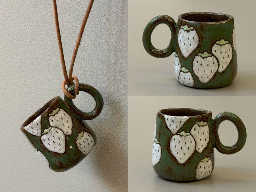 Strawberry green ceramic cup necklace with cream fruit motifs