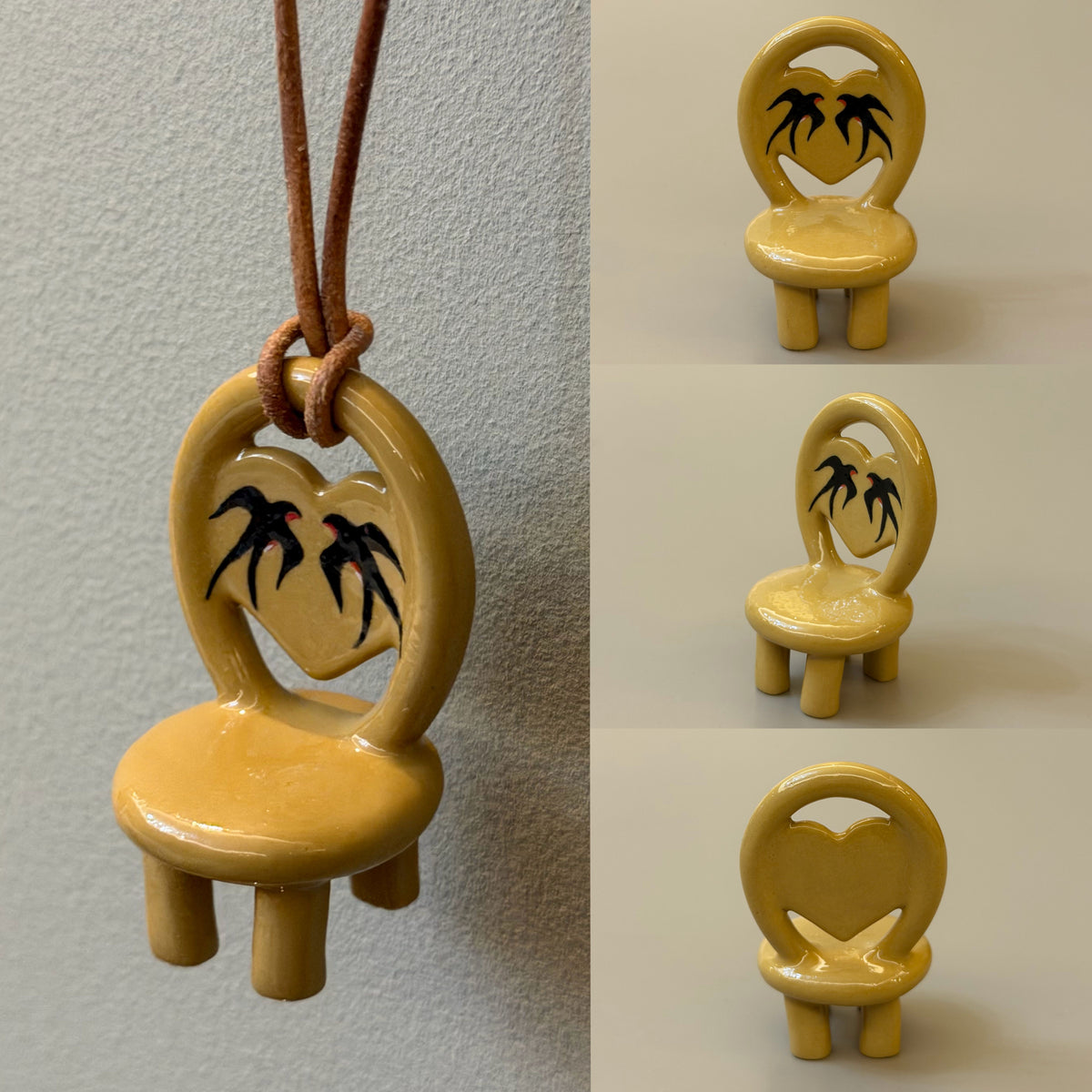 Swallow mustard-yellow ceramic chair necklace with two black birds